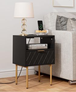  Nightstand with Charging Station,Mid-Century Modern Bedside Table with Storage Drawer and Open Wood Shelf,Small Gold Frame Side Table for Bedroom,Liv