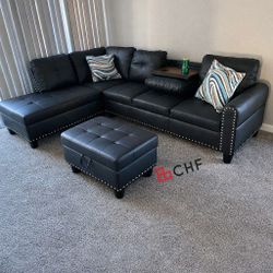Black Faux Leather Sectional Sofa With Storage  Ottoman 