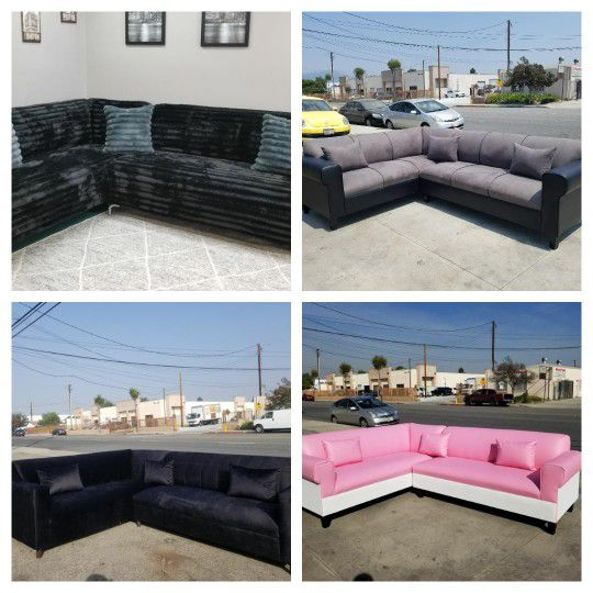 BRAND NEW  7X9FT Sectional, Sofas VELVET BLACK, PAISLEY BLACK,CHARCOAL COMBO FABRIC  And PINK LEATHER Combo  Sofa , COUCH 2pcs 