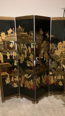 Vintage oriental four panel folding room divider