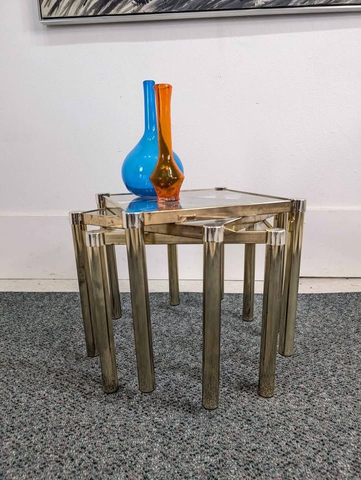 Set of 3 MCM Little Milo Baughman Style Brass Coffee / End Tables