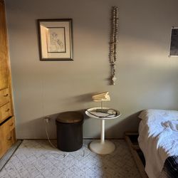 VINTAGE IKEA TULIP SIDE TABLE, STORAGE OTTOMAN, AND LAMP