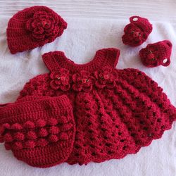 Crochet Baby Girl Red Rosebud Heirloom Dress Set Photo Prop Shipping Available