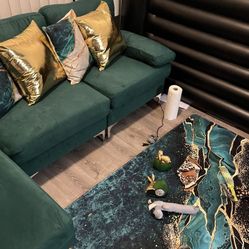 Green Section and area rug Pillow Covers and Gold coffee Table 