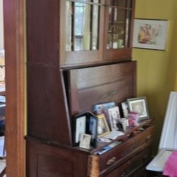 Antique Solid Wood Bookcase Hutch Secretary Desk Writing Table Credenza Display Case Home Office