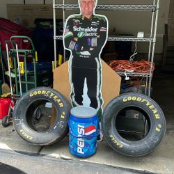 Two(2) Authentic NASCAR Goodyear Tires With Collectible Bobby Hamilton Stand Up And Pepsi Cooler 