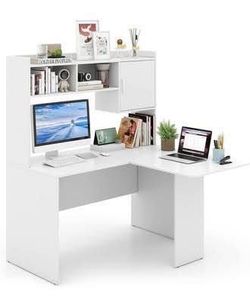 Assembled New  L Shaped Desk w/ Hutch White Corner Desk w/ Storage Shelf & Cabinet Laptop PC Table