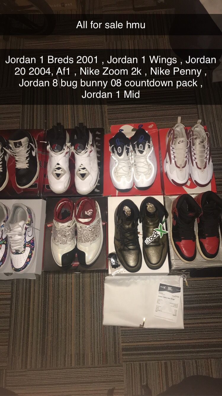 Jordan 1 Breds 2001, Jordan 1 Wings , Jordan 20 XX 2008 , Nike Zoom 2k , Nike Penny , Jordan 8 Bugs Bunny 08 Countdown pack , Jordan 1 Mid