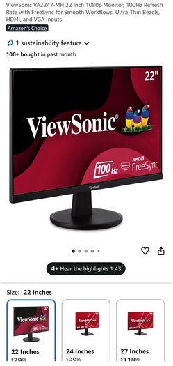 New ViewSonic VA2247-MH 22 Inch 1080p Monitor, 100Hz Refresh Rate with FreeSync for Smooth Workflows, Ultra-Thin Bezels, HDMI, and VGA Inputs