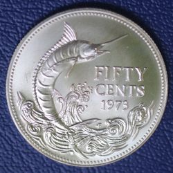1973 Bahamas Islands Queen Elizabeth 50c Silver Coin BU