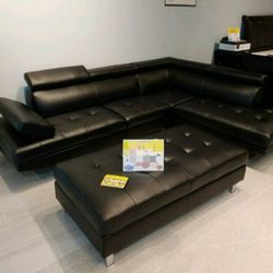 Faux Leather Black Sectional 📌 Next Day Delivery 
