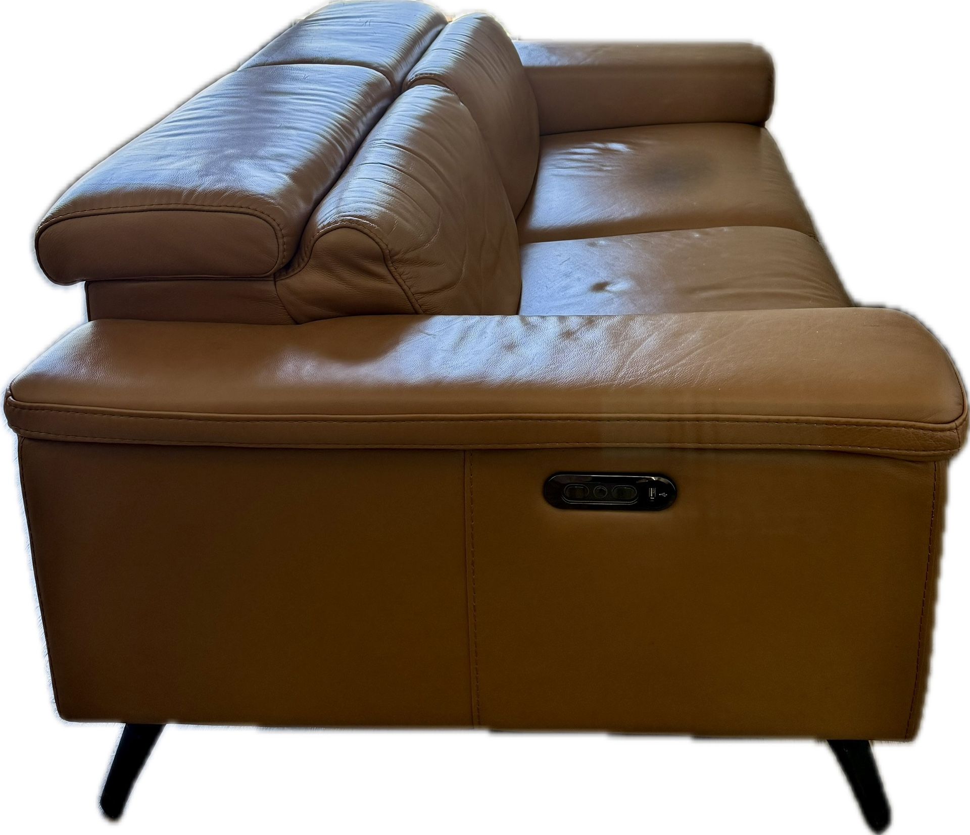 Midcentury modern style real leather power reclining sofa with usb chargers