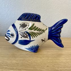 Tonala Goldfish Mexican Pottery Hand Painted Blue Green Brown Fish Figurine