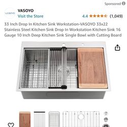 33 Inch Drop In Kitchen Sink Workstation-VASOYO 33x22 Stainless Steel Kitchen Sink Drop In Workstation Kitchen Sink 16 Gauge 10 Inch Deep Kitchen Sink