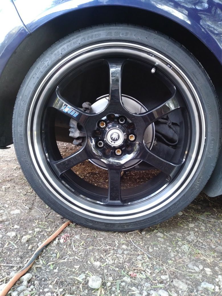 Konig Hurry. 18x7.5 (5×100) no dents or scratchs like new. 205/40/18 Nankang 2 tires only 30 miles, Other 2 its 80%