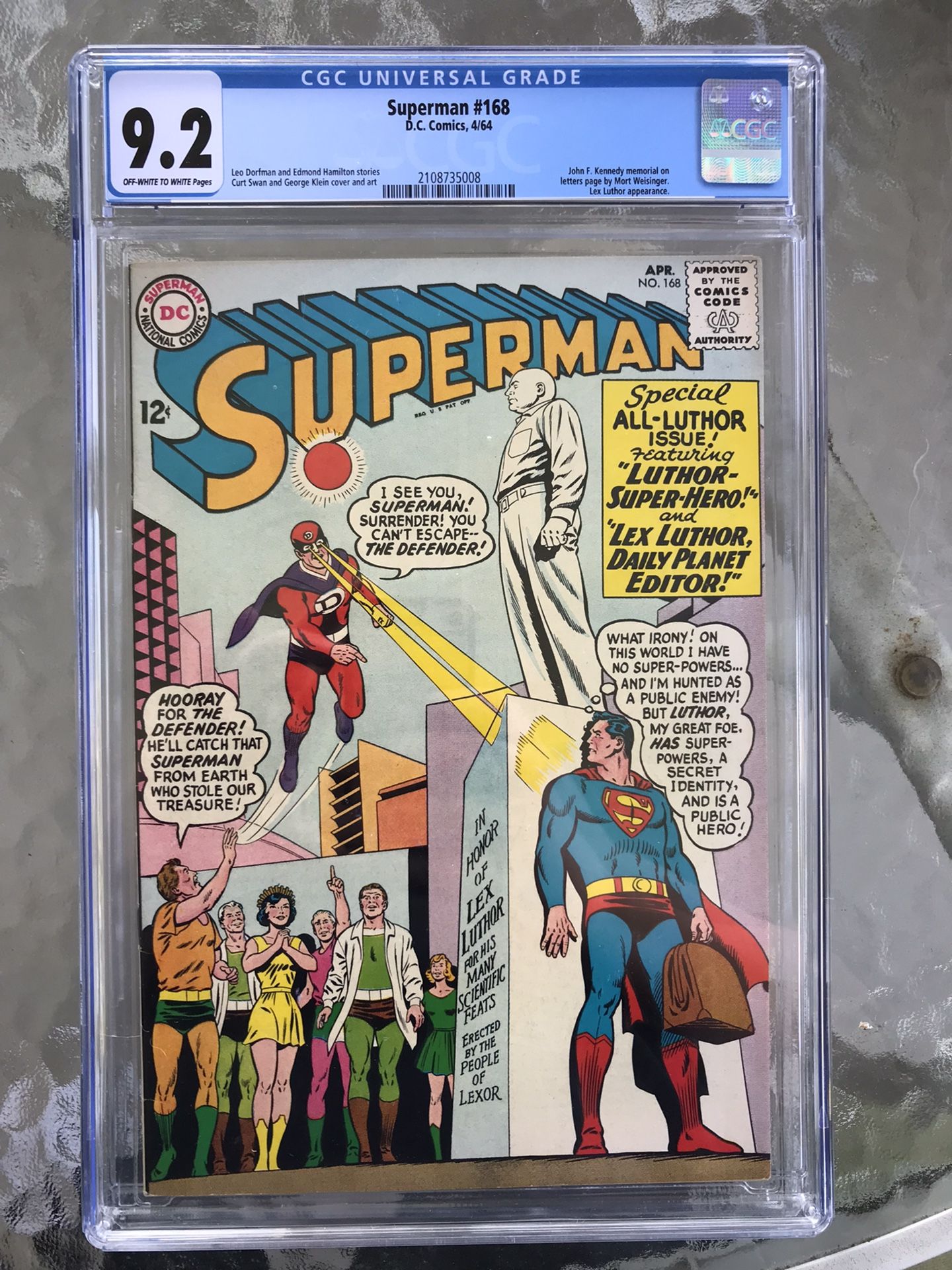 Superman #168 (1964) CGC 9.2 — O/w to White Pages; JFK Memorial by Mort Weisinger