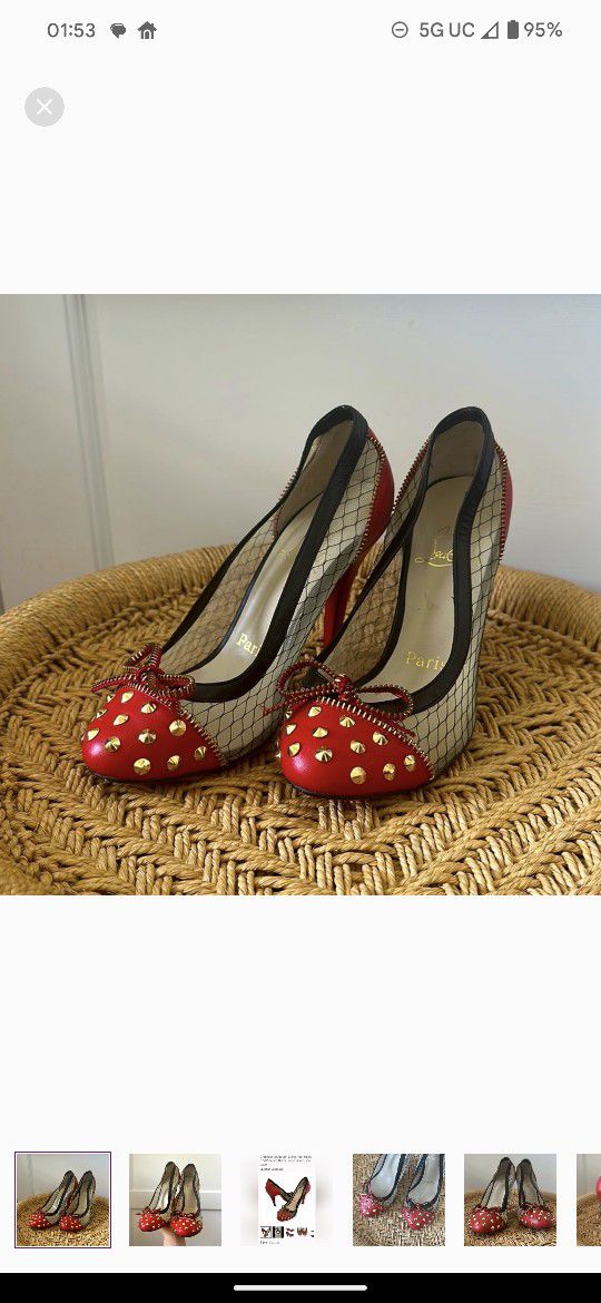 Christian Louboutin Candy Pumps: Red Spike Leather and Black Lace EU38/US7