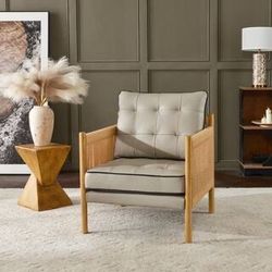 Light Grey Tufted Accent Chair with Wood Frame