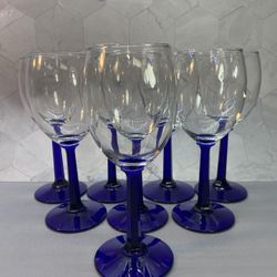 Set of (8) Gorgeous Clear Top Cobalt Blue Faceted Stem Wine Glasses. Made by  Libbey. Napa County Tall Wine Glasses.