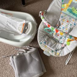 Baby Bathtub, Crib Liner, And Baby Seat. 