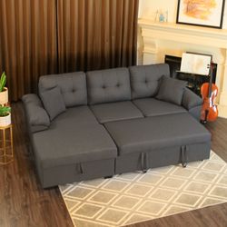 97" x 59" 3-Seats Sleeper Sectional Sofa Bed W/ Chaise Storage, Pull Out Sleeper