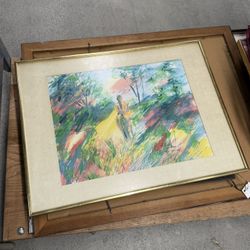 Impressionistic watercolor painting of a figure in a landscape.