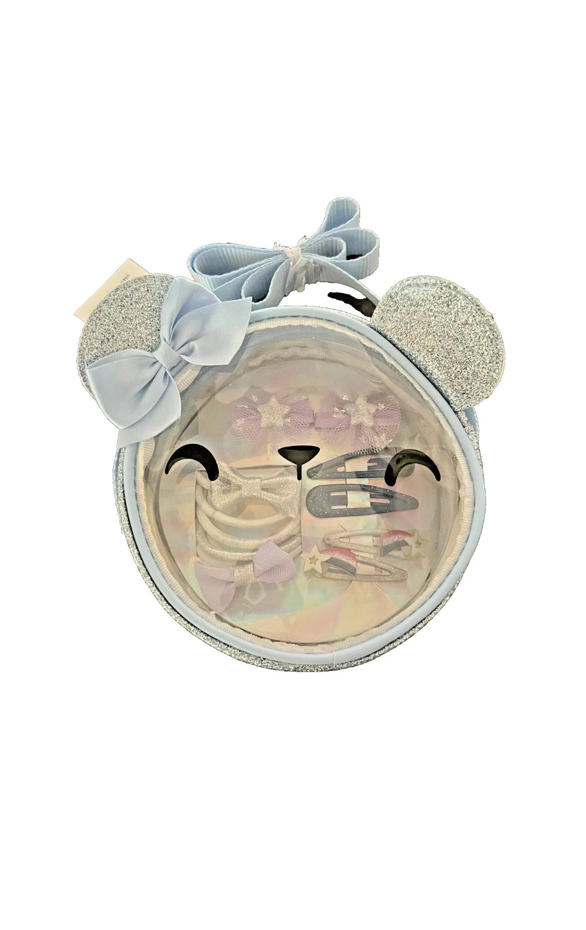 Claire's Kid's Bear Clear Bag With 2 Sets Of star Barrettes, 2 Bow Elastic Bands, Etc