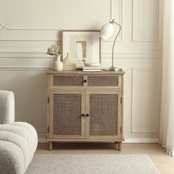 Art Leon Rustic Storage Cabinet with 2-Door&1Drawers Rattan Decoration Wood Finish,Oak Kitchen Console Table,Antique