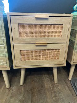 2-Drawer Rattan Nightstand with Gold Handles