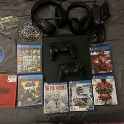 PS4 Slim With 2 Remotes And Head Set. And All Games In Picture. Also A 1 TB Extra Storage 