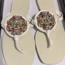 Tory Burch Cream Crystal Leather Rhinestones Miller Sandals 