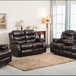 Brown Leather Recliner Sofa Set 3pc - Delivery And Financing Available 