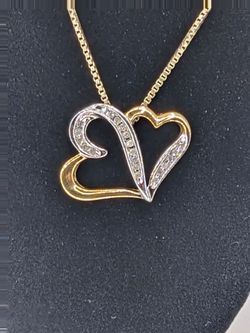 925 Sterling Silver & 1/8 14K Gold Double Heart Necklace Diamond Accent Two-Tone 18"