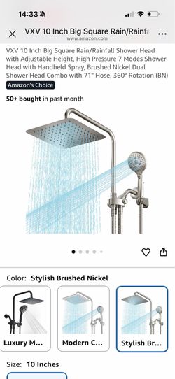 VXV 10 Inch Big Square Rain/Rainfall Shower Head with Adjustable Height, High Pressure 7 Modes Shower Head with Handheld Spray, Brushed Nickel Dual Sh