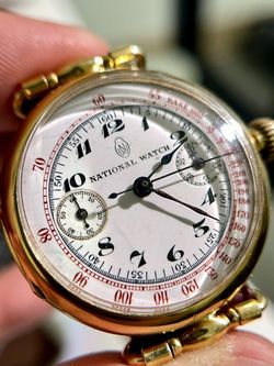 NATIONAL Watch Porcelain Plate Manual Chronograph 18k Gold Antique Watch
