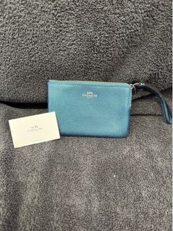 Coach teal metallic pebbled leather wristlet zip pouch wallet womens