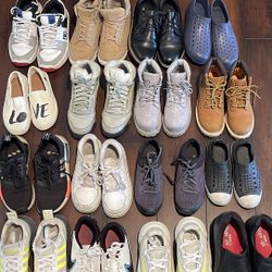 Kids Shoes up left to Right  DC size 4y $10  Boots light brown size 4Y $15  Black dress shoes size 4Y $15  Robber water shoes 2.5y $5  White Tom’s Gir