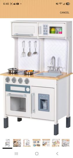 Kids Kitchen Playset Wooden Pretend Play Kitchen for Kids
Children Role Play Toy Kitchen Set w/ Faucet, Sink, Stove, Oven, Cookware Utensils, Storage 