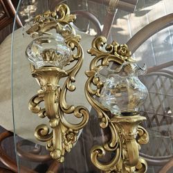 Mid-Century Modern Syroco Wall Gold Candle Sconces With Ruffled Top Candeholders 