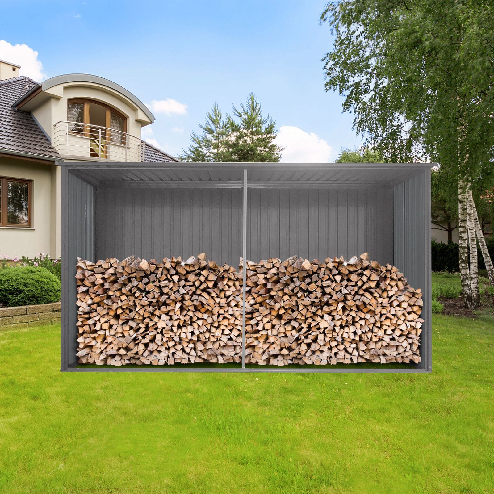 New Outdoor Storage Shed Has Two Functions:Metal Shed And Firewood Shed 14 ft x 12 ft, More Suitable For Winter , Grey