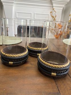 Three vintage Nate berkus discontinued candle holders with faux leather braided detail