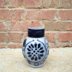 Vintage Williamsburg Restoration Pottery Blue Sunflower Handled Pitcher 