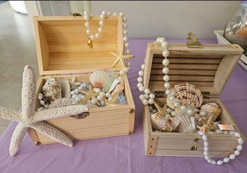Wooden Treasure Boxes with Seashell Decor Set