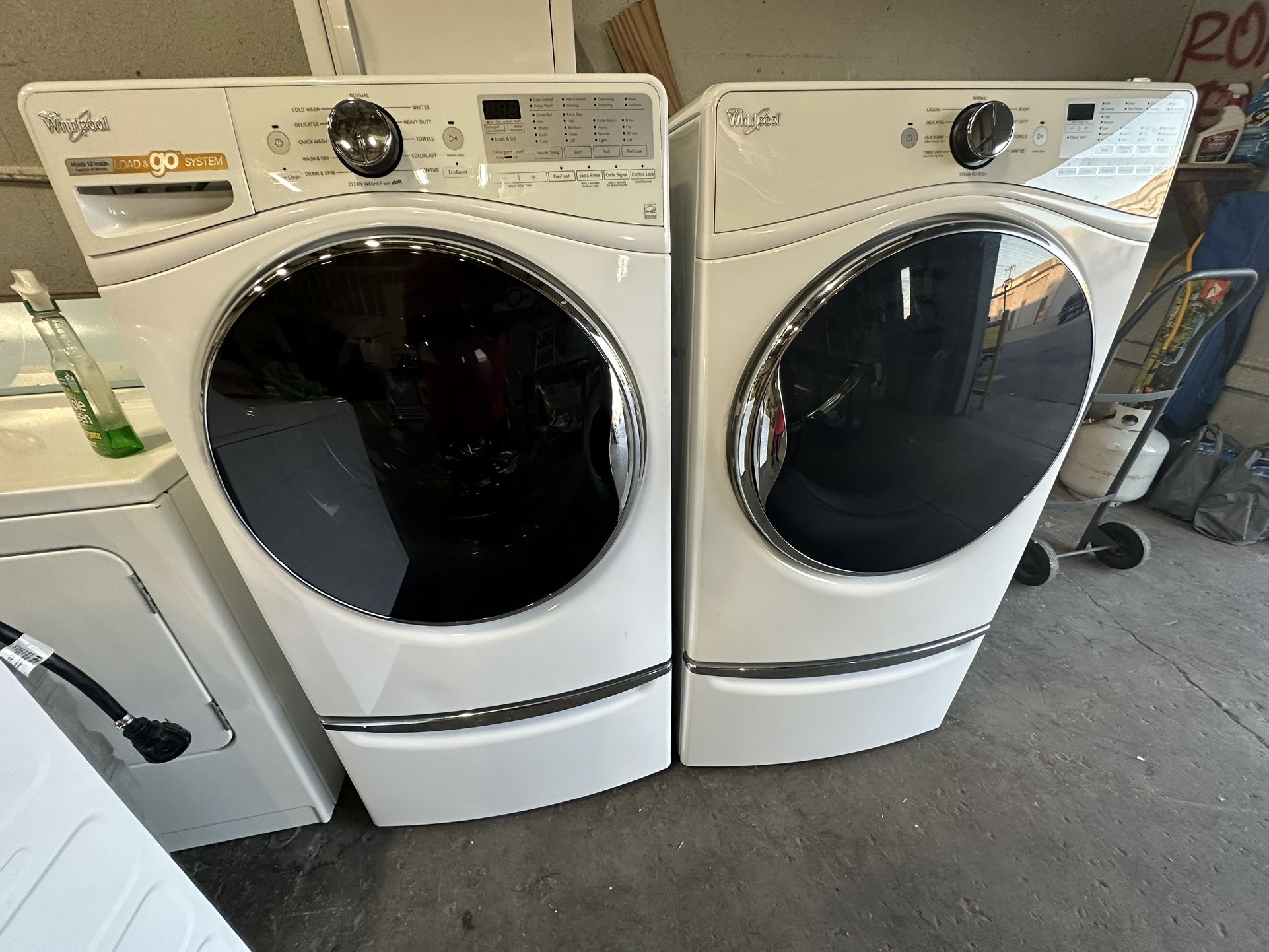FRONTLOADER WHIRLPOOL SET WITH GAS STEAM DRYER ON PEDESTAL DRAWERS CAN DELIVER SO MANY OPTIONS TOO MANY TO LIST