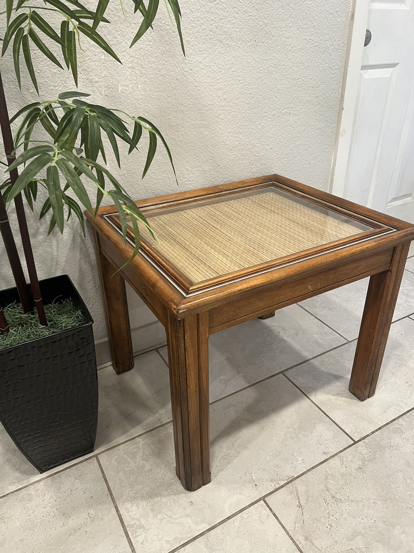 Cane woven glass top end table / side table.