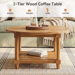new assembled YY0013 Round Coffee Table, 31.5" Farmhouse Solid Wood Center Table with Storage, 2-Tier Circle Accent Table for Living Room, Small Space