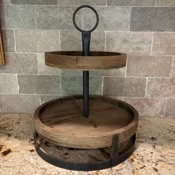Two tier wood and metal tray.
