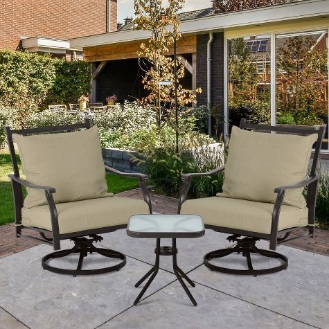 3-Piece Outdoor Swivel Chair Set, Patio Furniture Set with Two 360-Degree Swivel Chairs, Glass Table, and Two Thick Cushions with Backrests