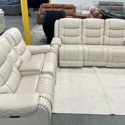 Beige Leather Power Recliner Sofa Set