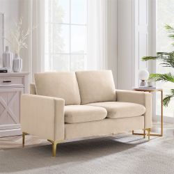 53” Velvet Loveseat With Gold Metal Legs Square Armrest Small Sofa Couch For Living Room (Beige)